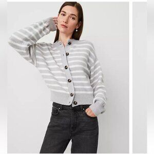 ANN TAYLOR Stripped Drop Shoulder Cardigan in color Grey/White Combo